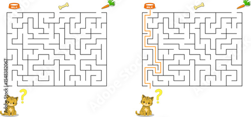 Chose right item and help cat pass through maze to find its food. Not hard riddle for kids and parents. Feed the hungry kitten labyrinth with solution isolated on white background.