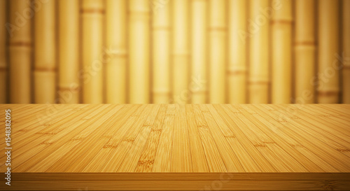 A wooden table surface with a blurred bamboo background creating a natural and simple presentation space