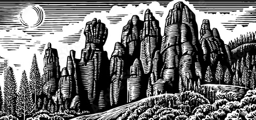 Limestone karst spires in black and white art for nature and landscape design