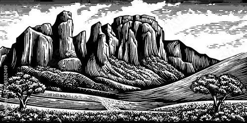 Limestone karst spires rising from the plain in black and white hand-drawn style for nature posters