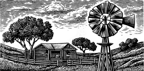 Rustic windmill and cattle corral scene in vintage black and white design