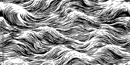 Ocean wave curls seamless pattern in black and white for nautical design