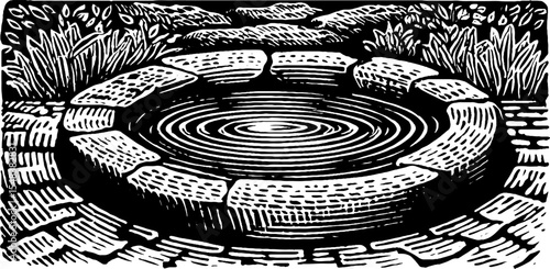 Tranquil reflecting pool in paved courtyard - black and white hand drawn art for design