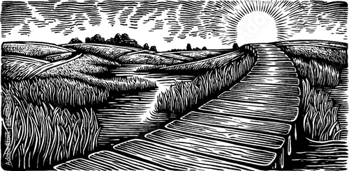 Raised boardwalk over wetlands at sunset in black and white design for nature lovers