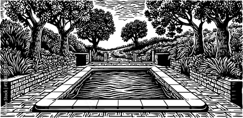 Tranquil reflecting pool in paved courtyard surrounded by lush trees in black and white
