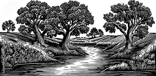 Branching river delta scene with trees and channels in black and white