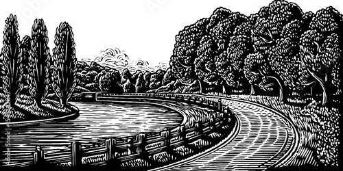 Serene riverside embankment walkway in black and white art design