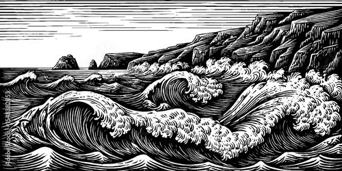 Dramatic rocky coastline with powerful waves in black and white for nautical wall art