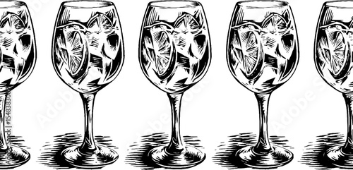 Aperol spritz wine glasses with orange slice repeating pattern sketch for beverage design