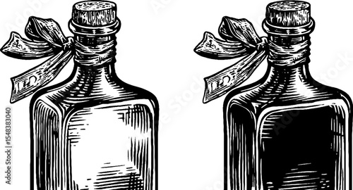 Vintage armagnac bottle with ribbon seal - hand drawn engraving for label and design