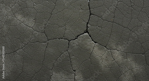 Close up of cracked asphalt surface with many fissures and a dark gray color texture in the background