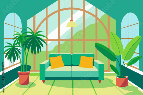 Modern interior design with a comfortable sofa and chair, featuring a large window, natural light, and tasteful decor for a contemporary living space