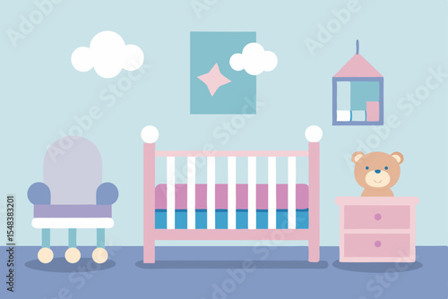 Cartoon baby girl in pink crib in a decorated nursery room