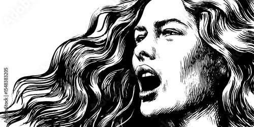 Dramatic banshee wailing with flowing hair in vintage black art design