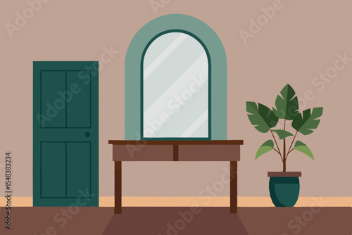 Architectural design of a home or hotel entrance with a wooden front door, decorative plant, and interior light