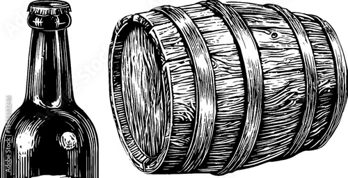 Vintage barrel aged stout bottle and oak barrel design for brewery and pub decor