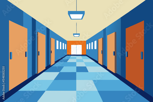 Long hotel corridor interior with blue doors and natural light from the end