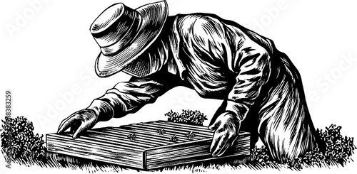 Beekeeper inspecting honeycomb frame in vintage black silhouette