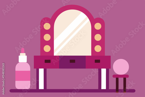 Vector illustration of a bright interior room with a window adorned with pink flowers, a mirror, and home decorations