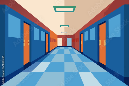 Empty, long office building corridor with modern interior design