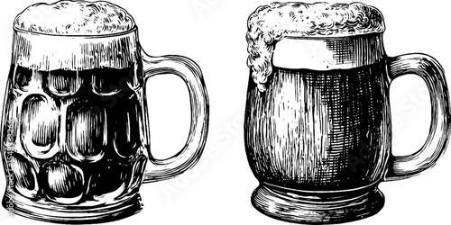 Vintage beer stein collection with foam for pub design and poster art