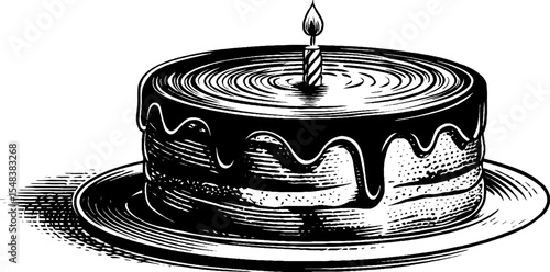 Vintage birthday cake with candle sketch for celebration design