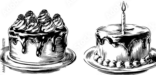 Black and white vintage birthday cake illustration with candle - perfect for party invitations and cards