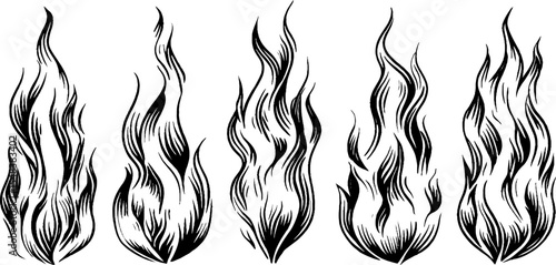 Black and white campfire flame icon set for creative design projects