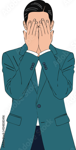 Man covering face with hands wearing blue suit jacket expressing shyness or embarrassment vector illustration 