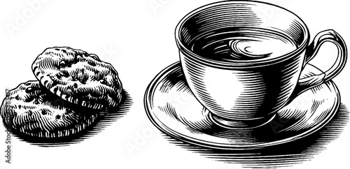 Vintage chai tea cup and spiced ginger biscuit sketch for café decor