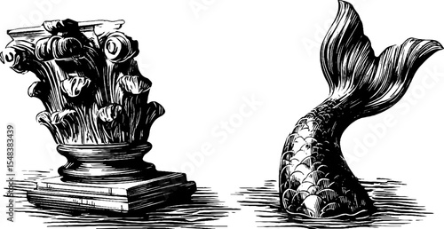 Carved mermaid ornament set with decorative rail in black and white engraving design