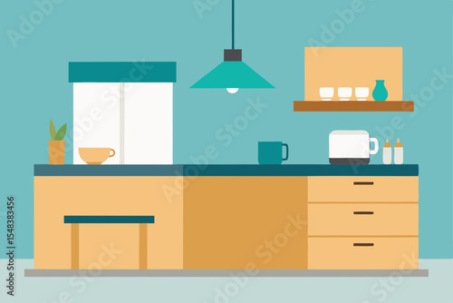 Modern kitchen interior design illustration with wooden furniture and shelves