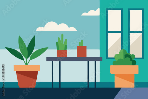 A cozy home interior featuring a potted plant on a wooden table by a sunlit window with tasteful decor