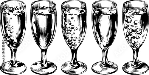 Elegant champagne flutes with rising bubbles in black and white for celebration design
