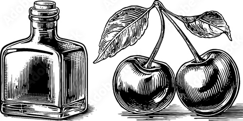 Cherry brandy bottle with twin cherries for beverage design and decor