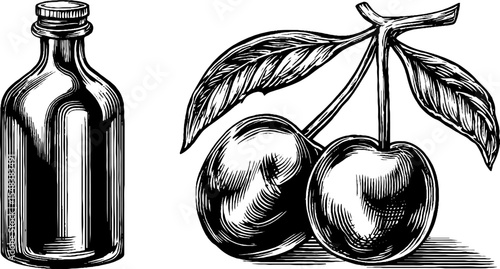 Vintage cherry brandy bottle with twin cherries for label design