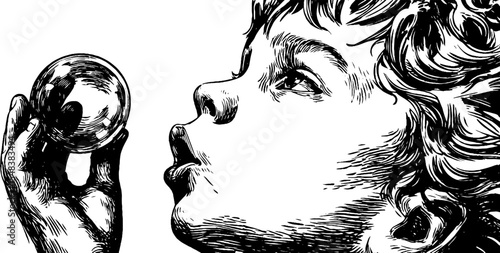 Child blowing bubbles into sunny breeze - vintage hand drawn artwork for posters and cards