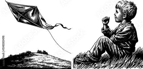 Child flying kite on breezy hill in vintage hand drawn style for creative design projects
