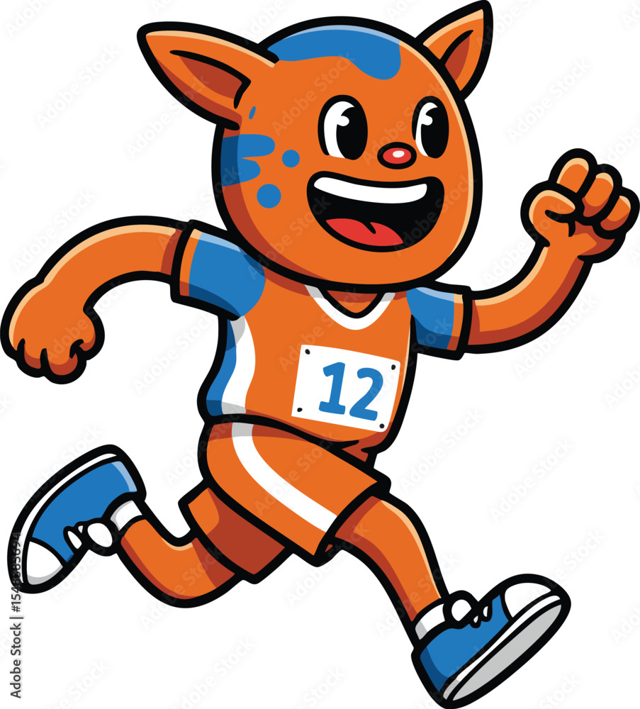 Obraz premium Cartoon running orange cat athlete character in sportswear and blue shoes vector illustration 