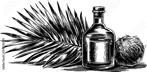 Coconut rum bottle with palm frond and coconut silhouette for tropical design