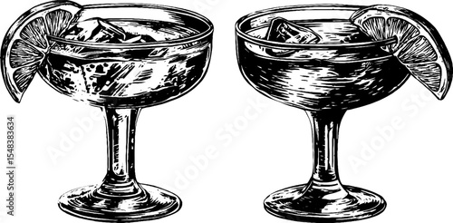 Vintage cosmopolitan coupe glasses sketch with ice and citrus wedge in black and white