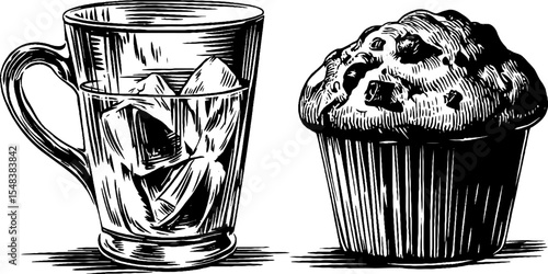 Refreshing lemonade and blueberry muffin sketch for culinary design and decor