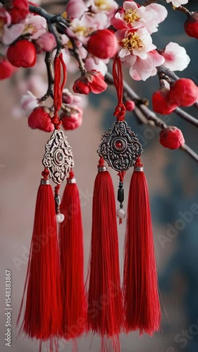 Wallpaper Mural Red tassel earrings and decorations hanging from branches Torontodigital.ca