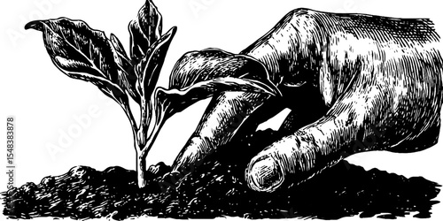 Gardening hand planting seedling in soil - vintage nature illustration design for print
