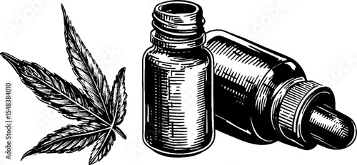 Herbal bitters bottle with dropper and leaf illustration for design and decor