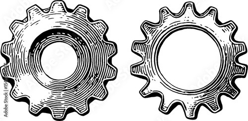 Industrial gear cogs in vintage engraved black silhouette for retro design ideas