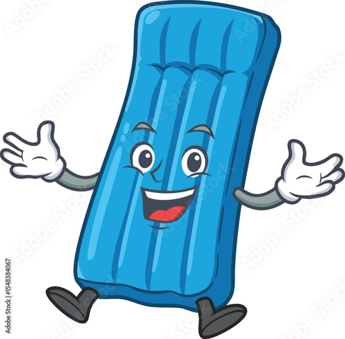 Blue inflatable mattress with happy face and open arms cartoon character vector illustration for leisure and fun activities 