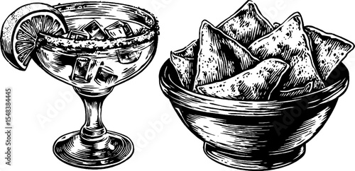 Vintage margarita glass and bowl of nacho chips sketch for retro party design
