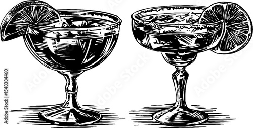 Classic margarita cocktail glasses with salted rim and lime illustration