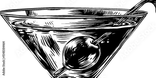 Black and white martini glass with olive illustration for classic cocktail design